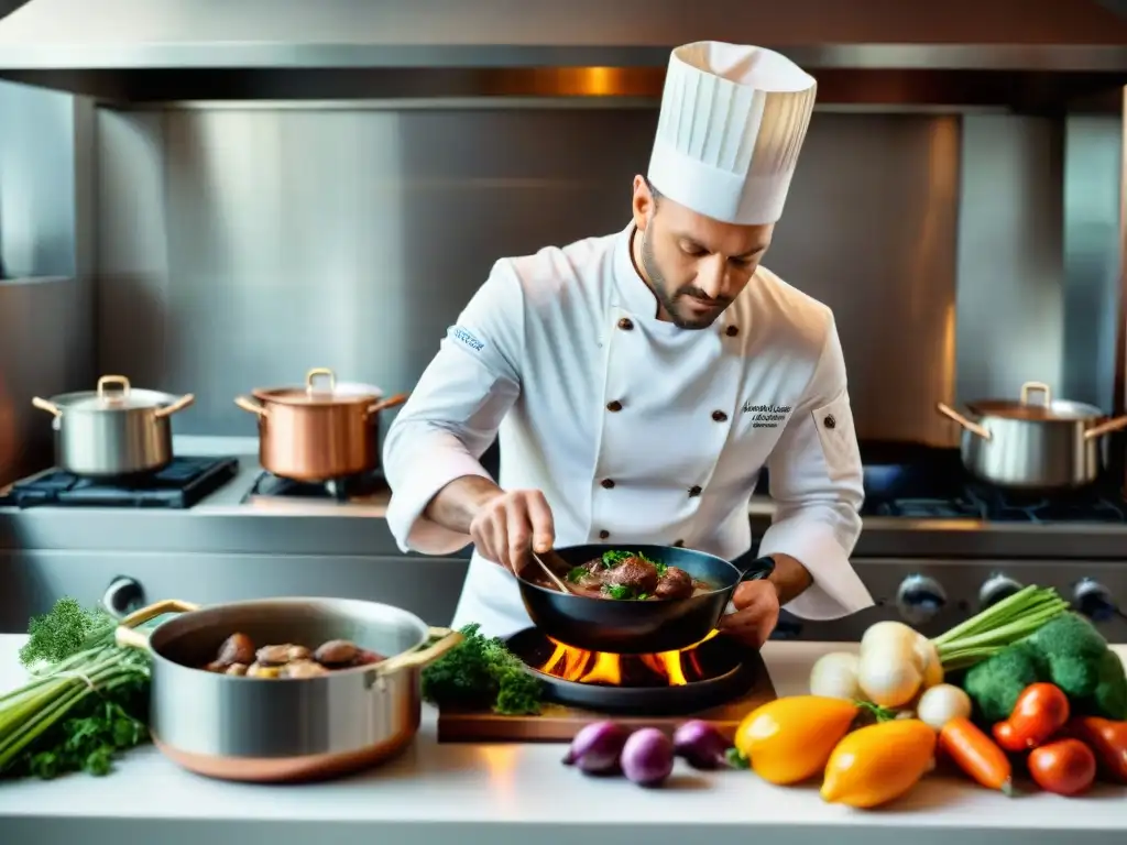 Un chef francés preparando Coq au Vin en una cocina bulliciosa, mostrando la innovación culinaria francesa en vivo