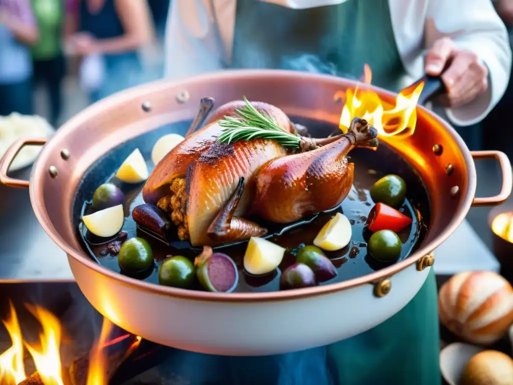 Un chef francés flambea un Coq au Vin en un festival gastronómico en Francia