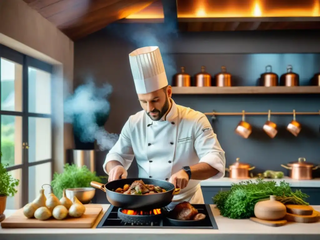 Un chef francés creando Coq au Vin en cocina rústica