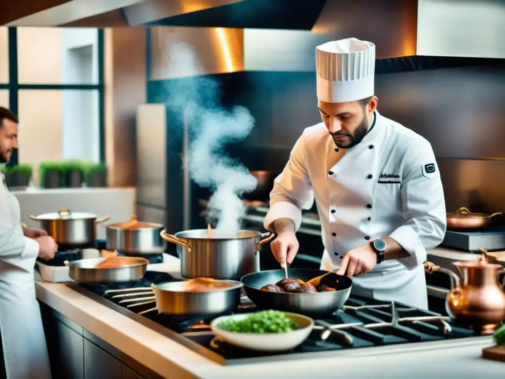 Un chef francés preparando Coq au Vin en un restaurante clásico