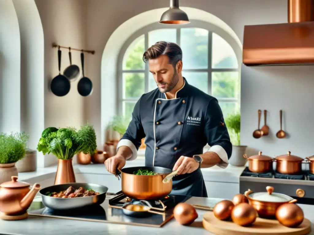 Un chef francés preparando Coq au Vin en una cocina parisina clásica