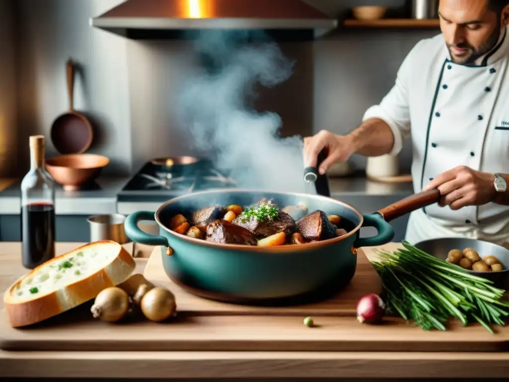 Un chef francés preparando Coq au Vin en una cocina parisina tradicional