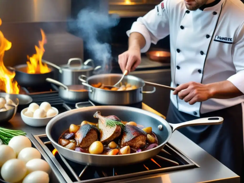 Un chef francés preparando Coq au Vin en un restaurante tradicional