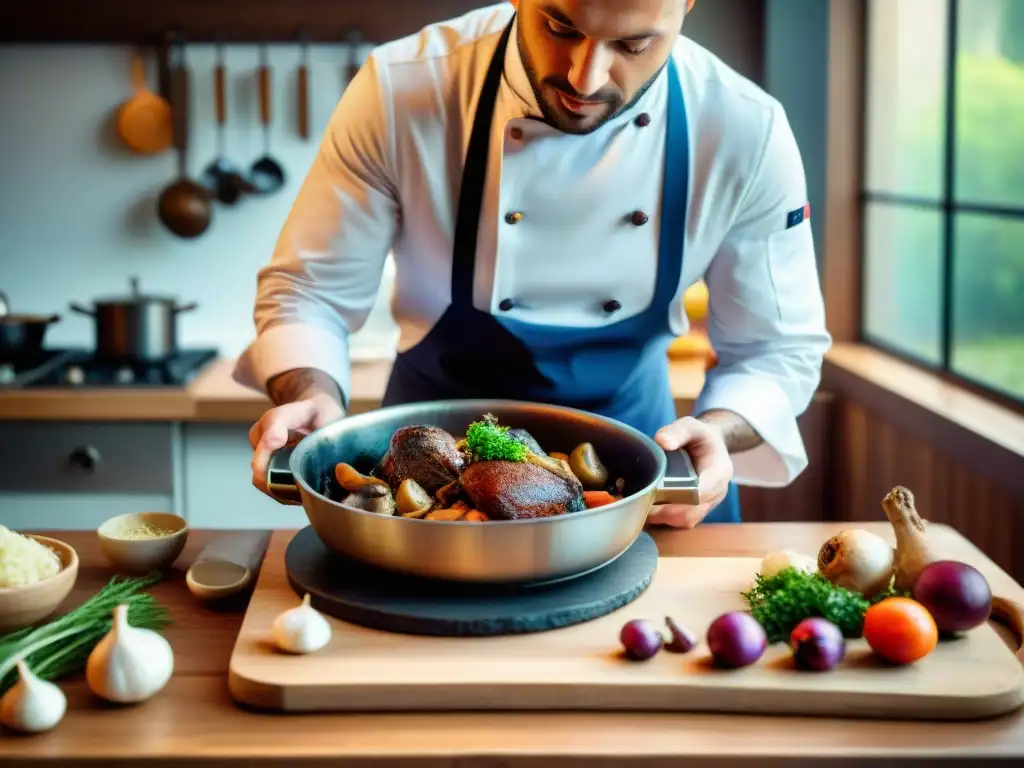 Un chef francés preparando Coq au Vin en una cocina rústica