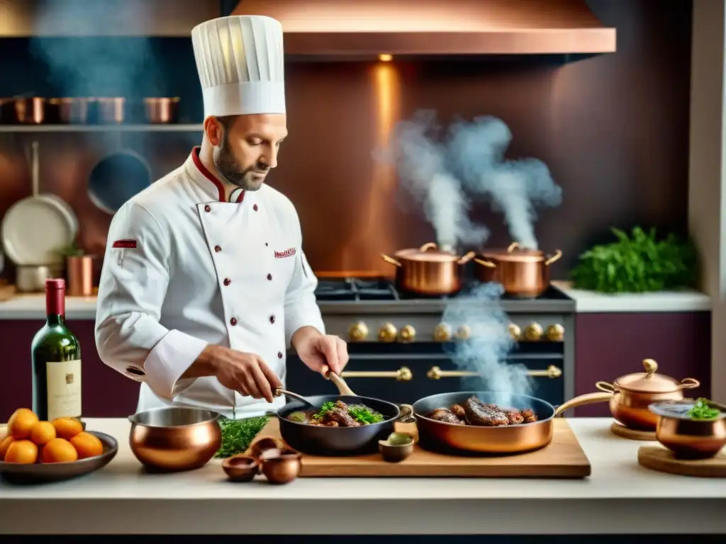 Un chef francés preparando Coq au Vin en una cocina tradicional francesa