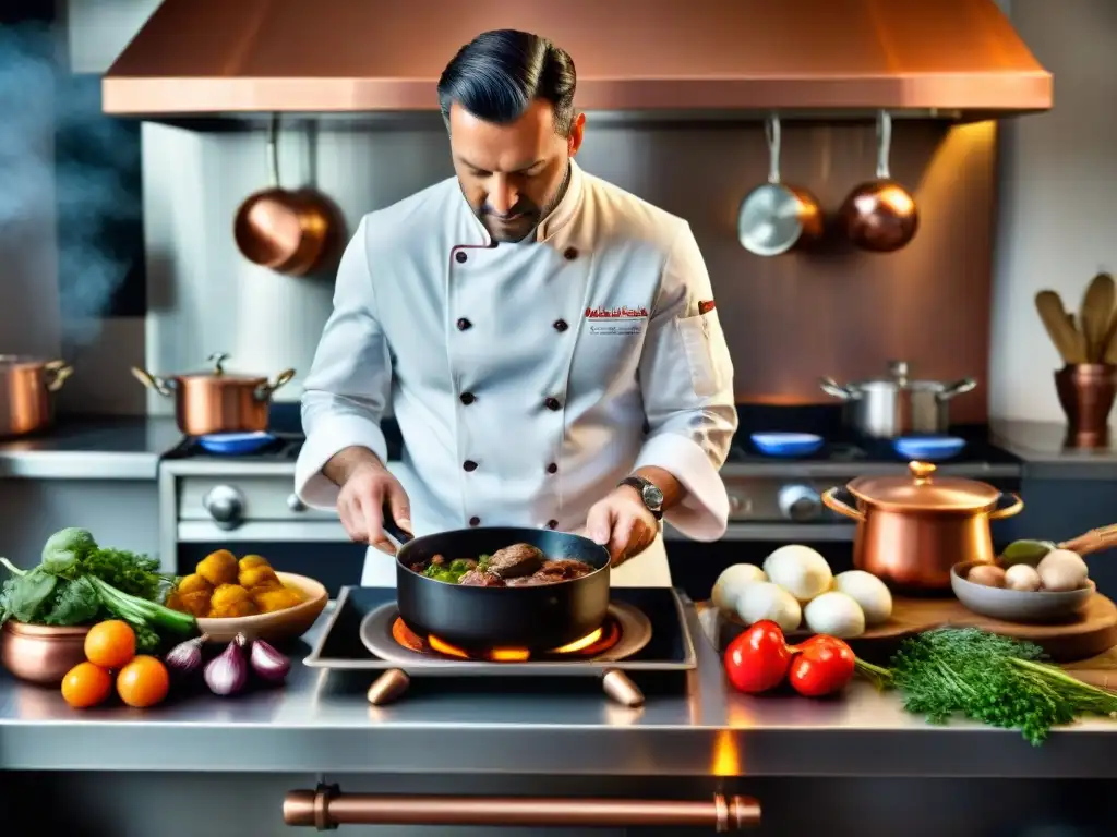 Cocinero francés preparando Coq au Vin en cocina tradicional Un chef francés preparando Coq au Vin en una cocina tradicional, mostrando innovación culinaria francesa aplicaciones