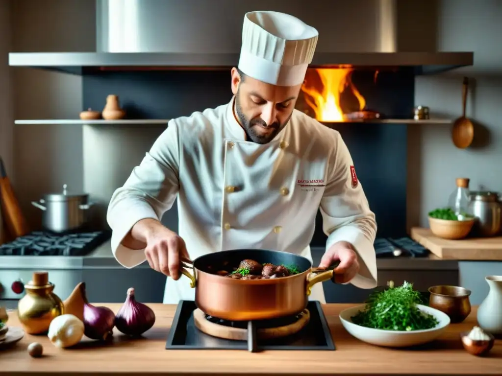 Un chef francés preparando un Coq au Vin en una cocina tradicional