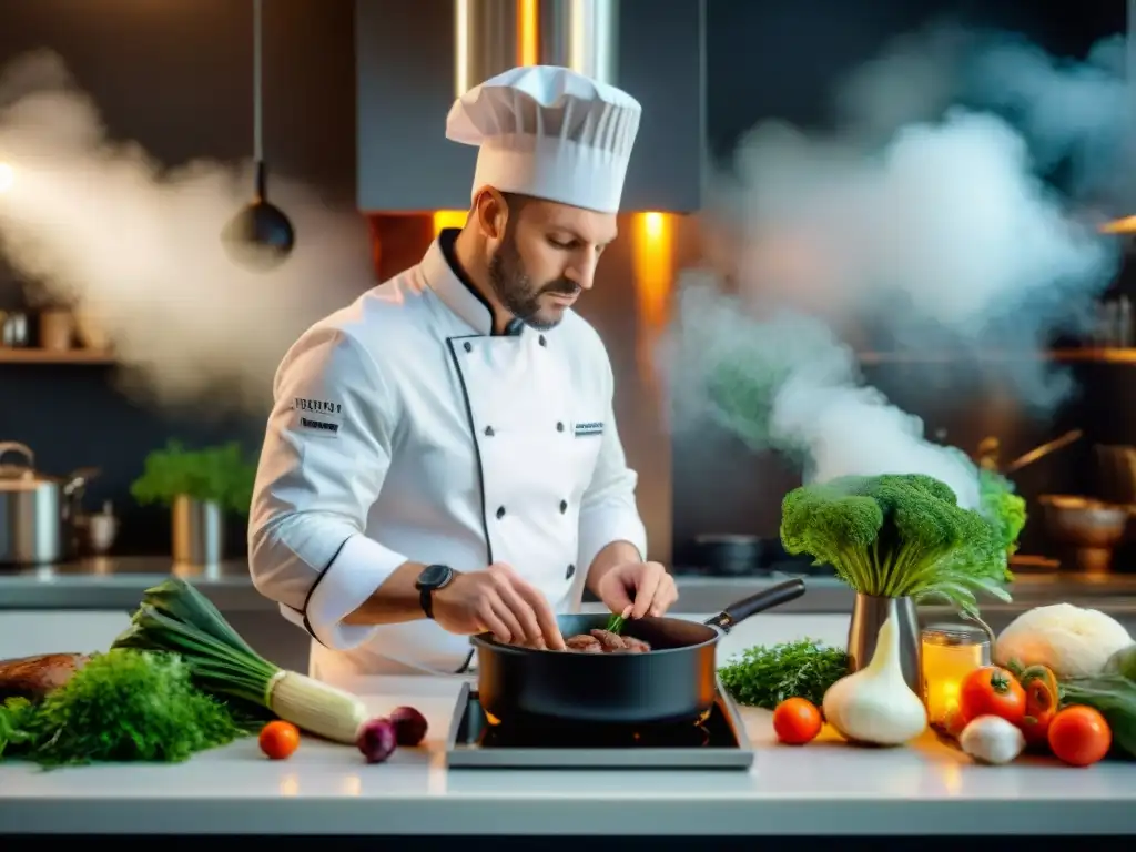 Un chef francés preparando Coq au Vin con cocción baja temperatura gastronomía francesa