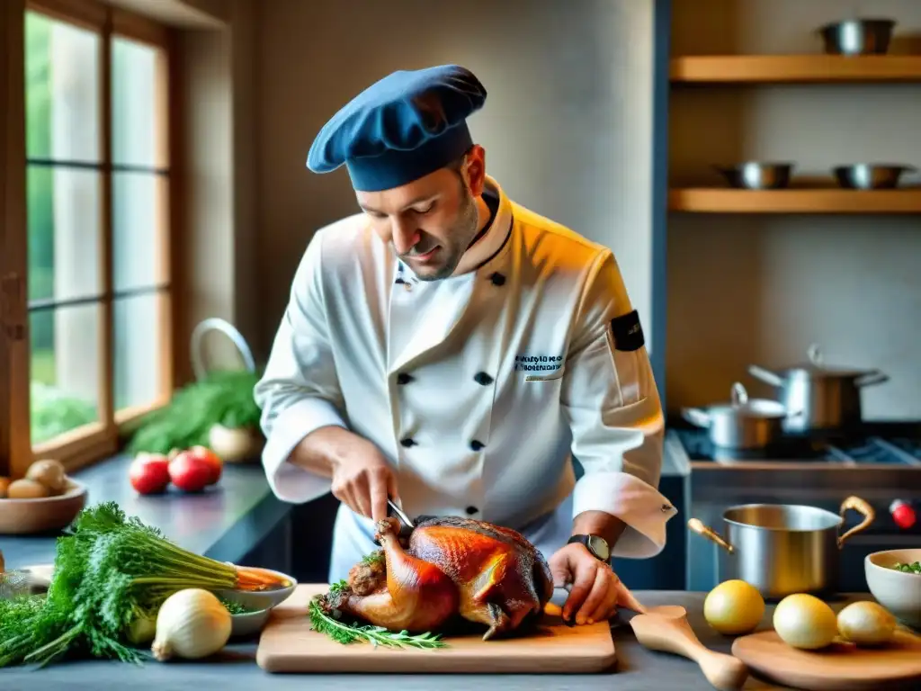 Un chef francés preparando un coq au vin en una cocina rústica, destacando la gastronomía y recetas tradicionales francesas