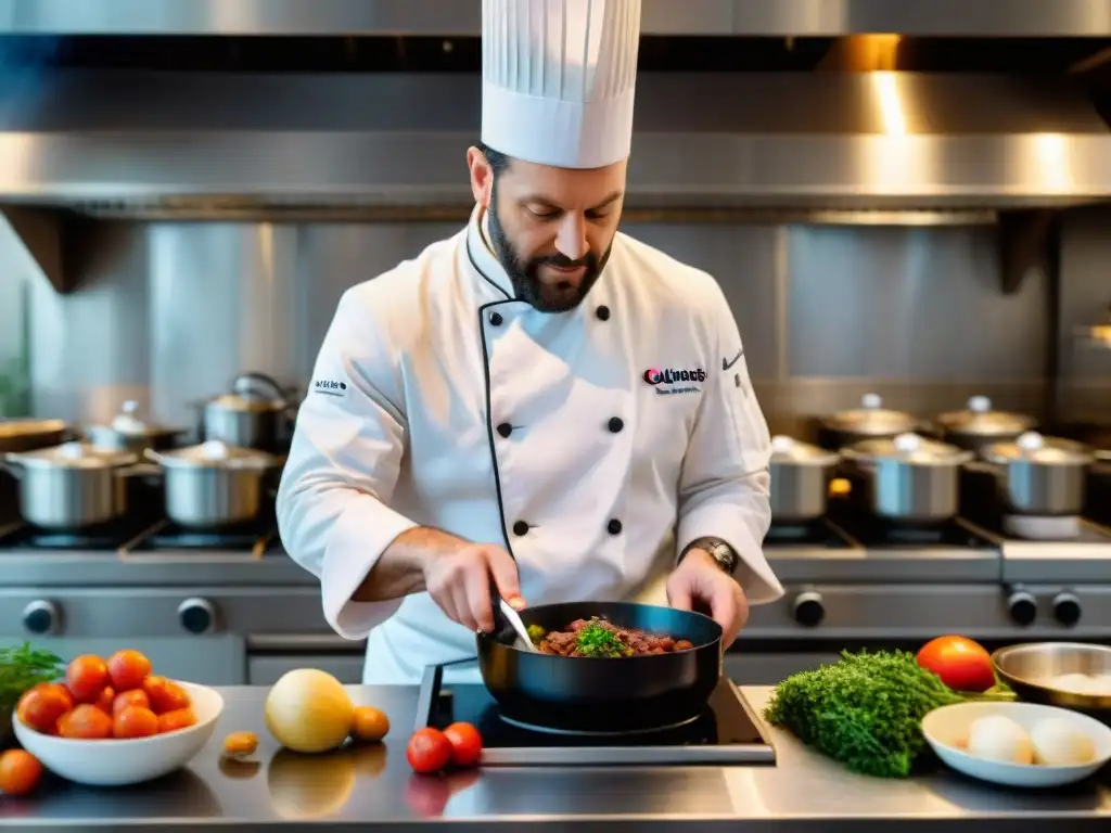 Un chef francés preparando Coq au Vin en una bulliciosa cocina parisina