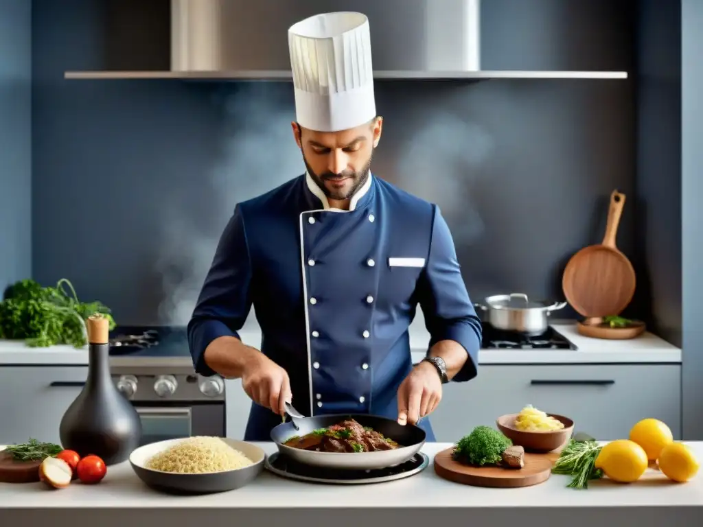 Un chef francés preparando Coq au Vin en cocina moderna con utensilios cocina antiadherentes modernos