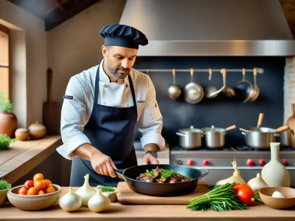 Un chef francés preparando Coq au Vin en una cocina campestre elegante