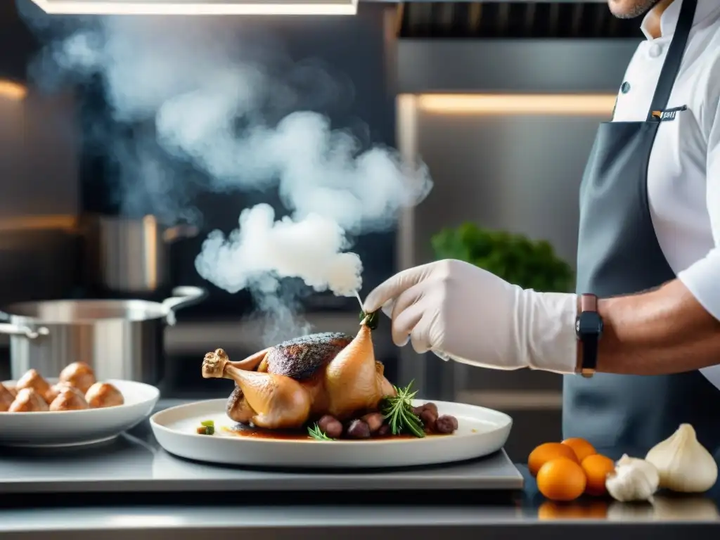 Un chef francés preparando un Coq au Vin con cocción al vacío, en una cocina profesional impecable