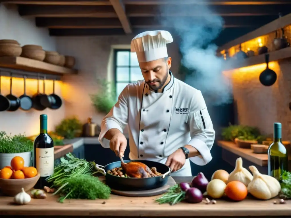 Un chef francés preparando Coq au Vin en una cocina tradicional, mostrando la esencia de Recetas tradicionales cocina francesa