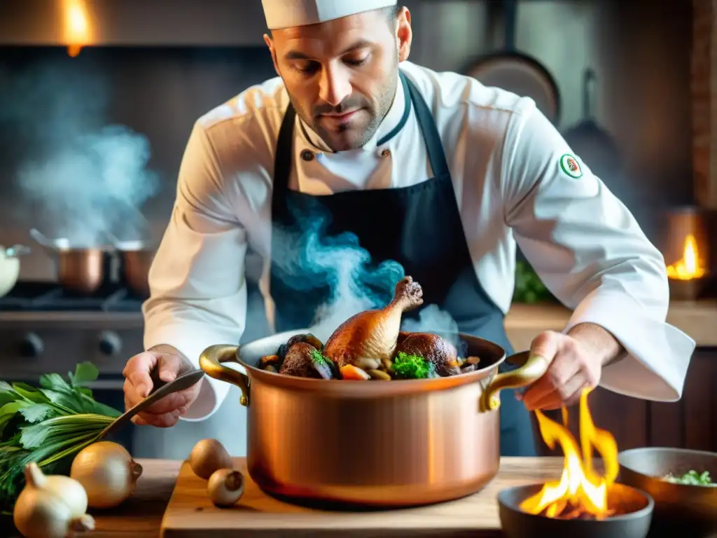 Un chef francés preparando Coq au Vin con técnicas de cocina francesa avanzadas, en una cocina rústica