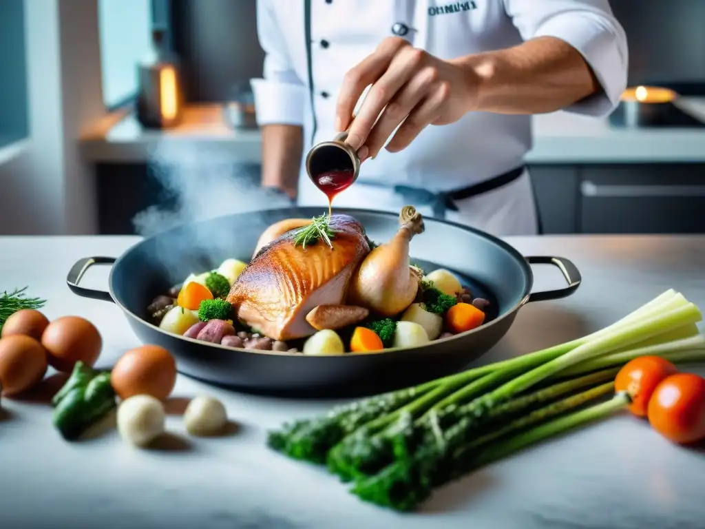 Un chef francés preparando Coq au Vin con técnica sous vide