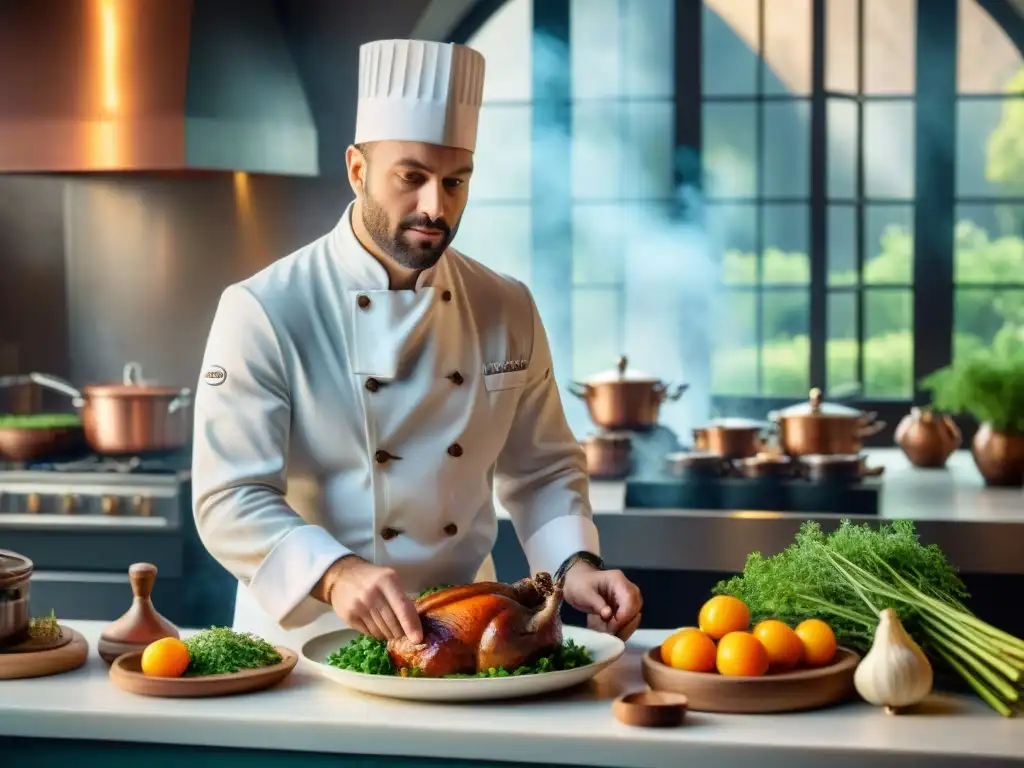 Un chef francés preparando coq au vin en su cocina tradicional