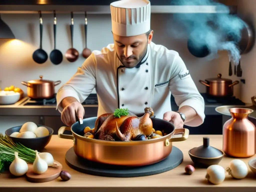 Un chef francés preparando Coq au Vin con técnicas culinarias en una cocina tradicional francesa