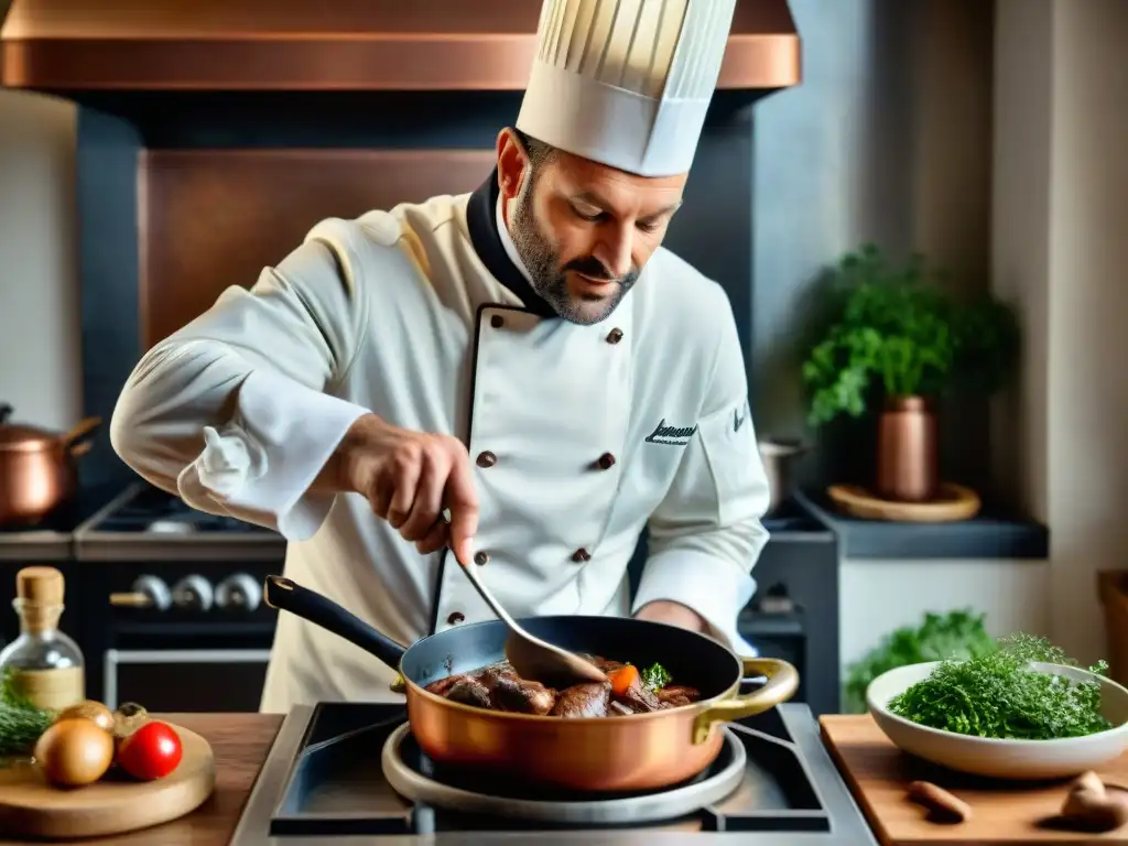 Un chef francés preparando Coq au Vin en una cocina rústica con utensilios antiguos