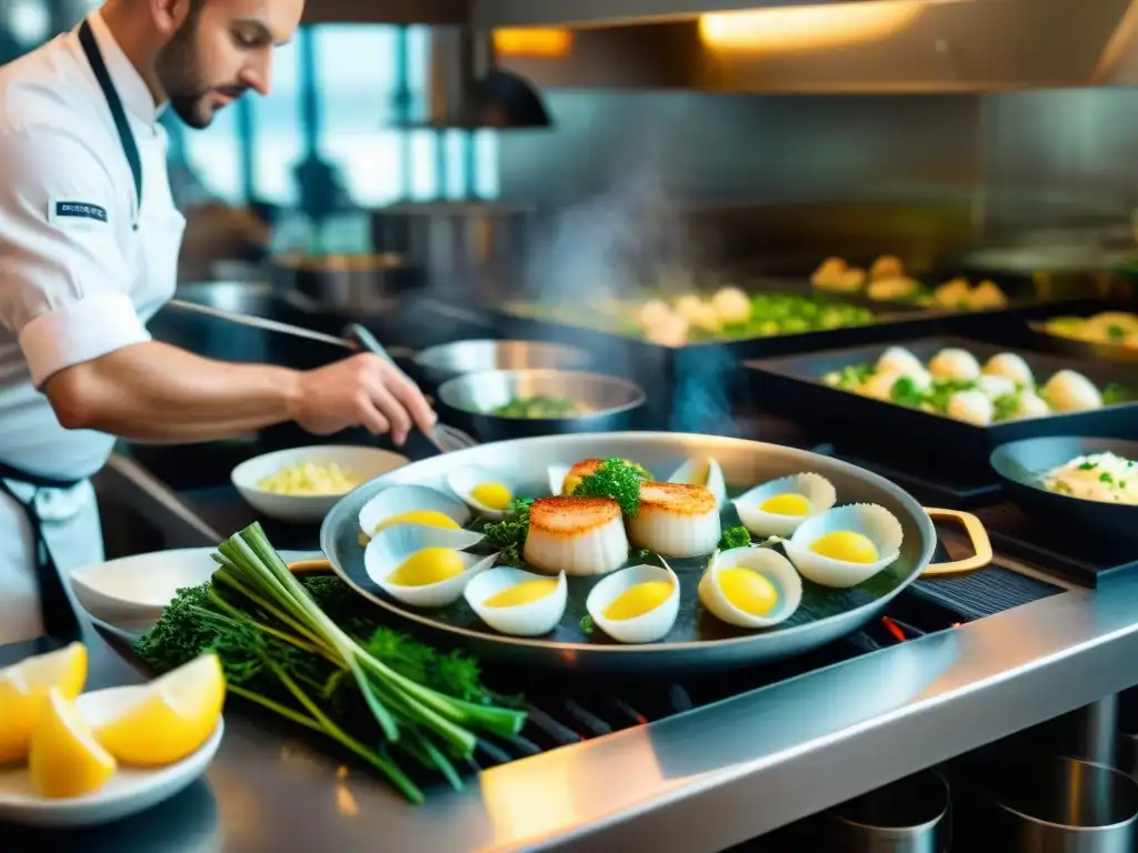 Chef francés preparando Coquilles Saint-Jacques en París