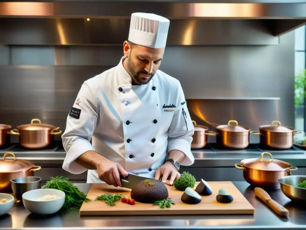 Un chef francés innovador fusiona tradición y creatividad en su cocina, rodeado de herramientas culinarias clásicas y ingredientes frescos