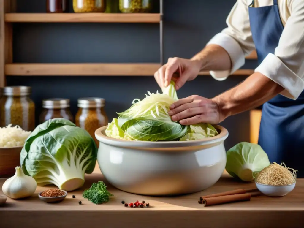 Un chef francés preparando con cuidado chucrut en una cocina rústica