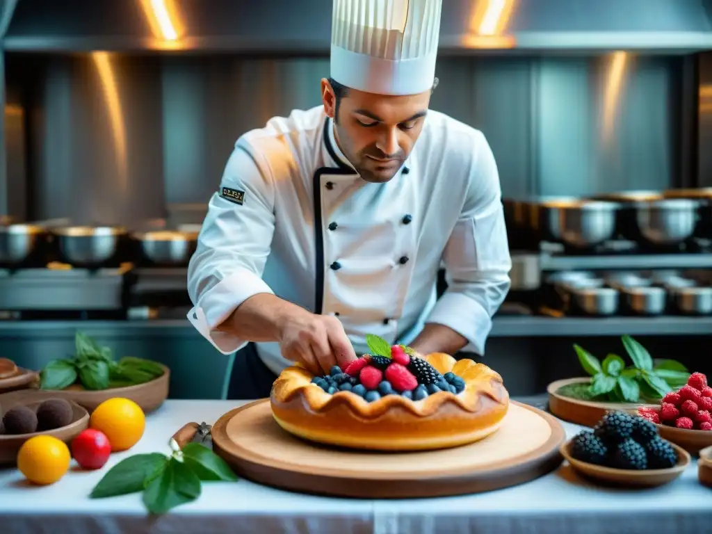 Un chef francés creando una delicada pastelería rodeado de ingredientes frescos y coloridos