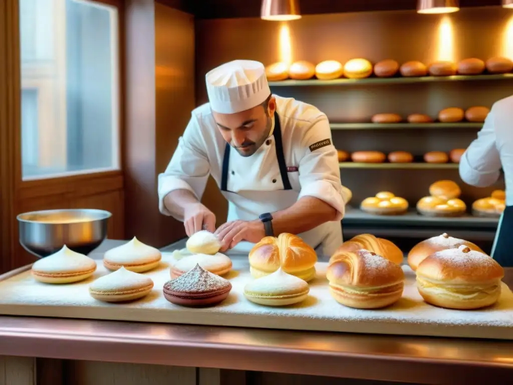 Un chef francés elaborando una delicada pastelería en una panadería parisina