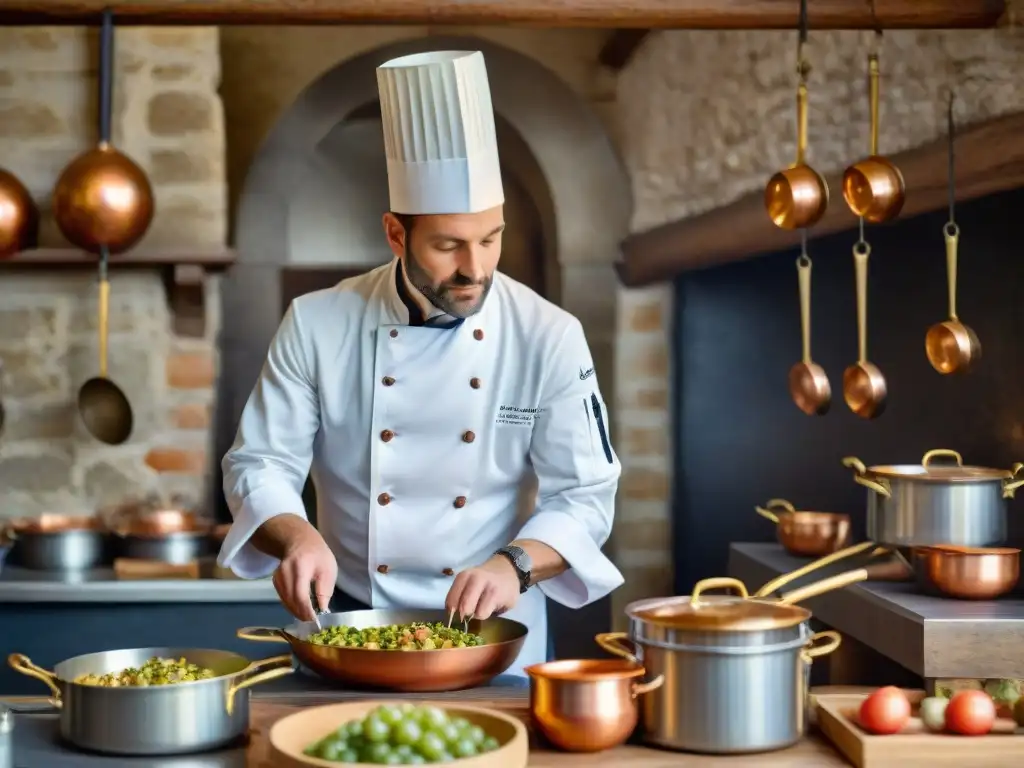 Un chef francés preparando delicias en cocina de castillo del Valle del Loira, con ingredientes locales