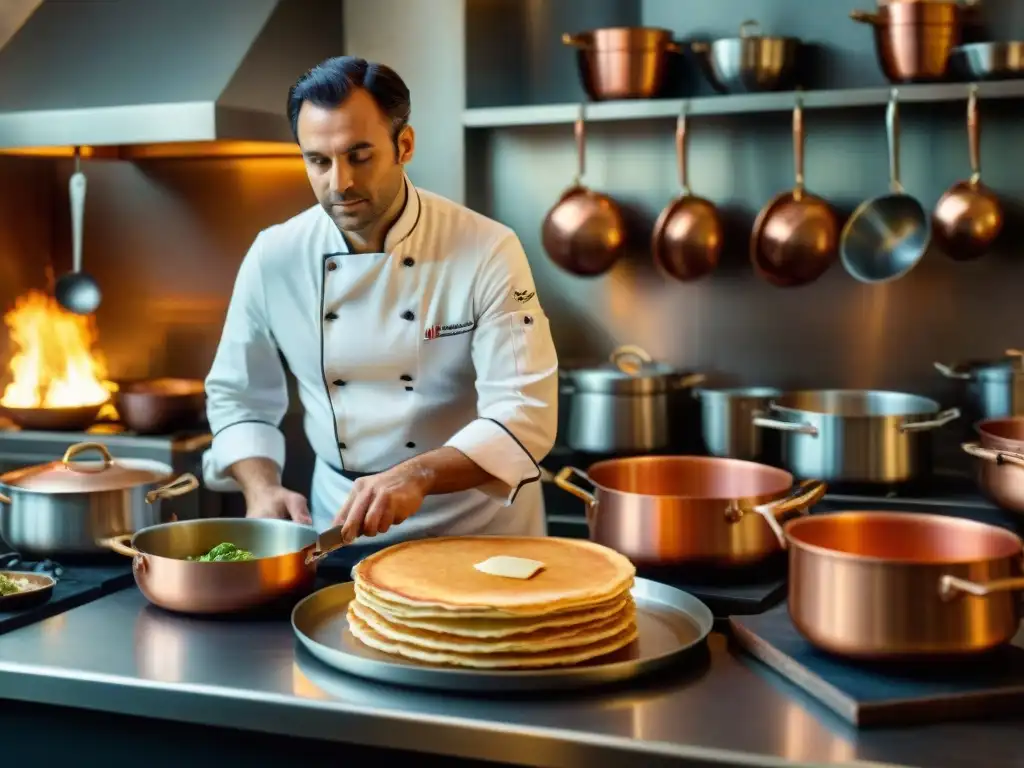 Chef francés en cocina bretona: arte culinario y exquisitez Un chef francés en Bretaña preparando delicias rodeado de utensilios de cobre