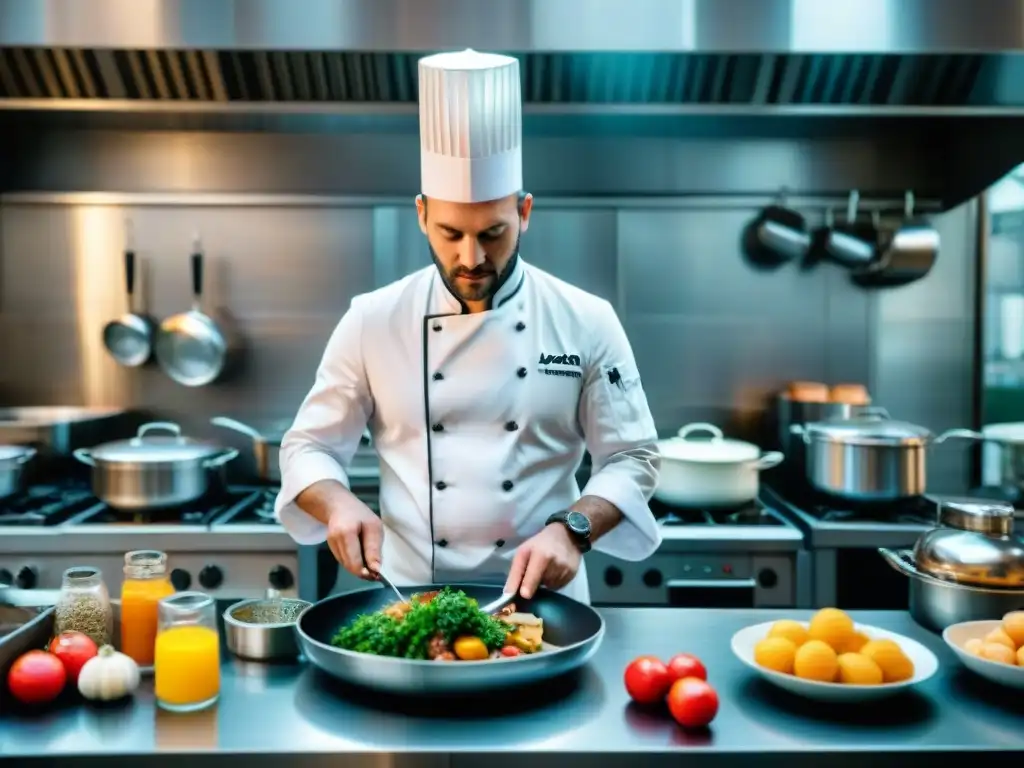 Un chef francés elaborando una deliciosa creación culinaria en una bulliciosa cocina parisina