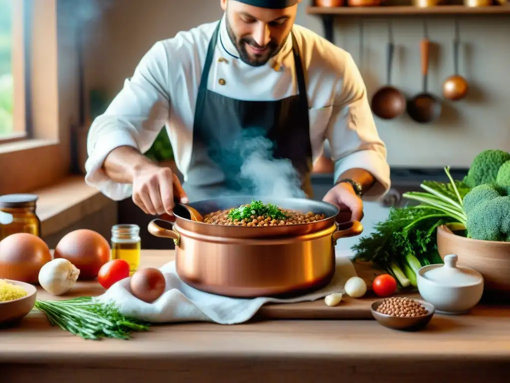 Un chef francés preparando un delicioso estofado de lentejas en una cocina rústica, rodeado de ingredientes frescos y vino francés