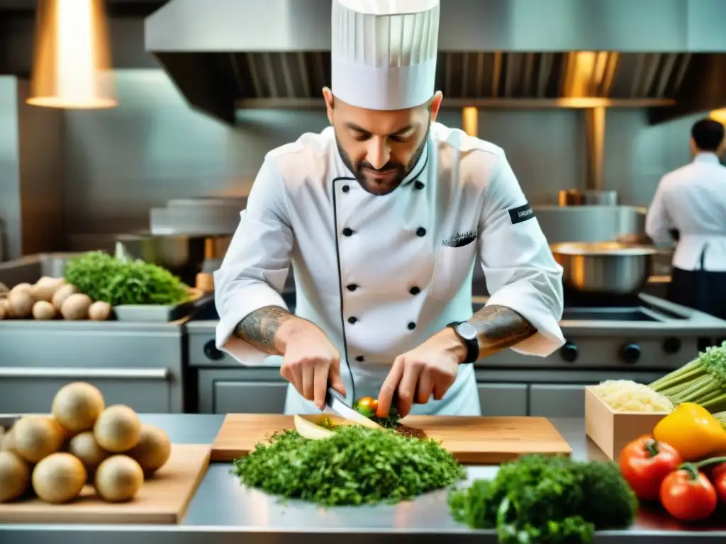 Un chef francés sin desperdicios crea plato innovador en una bulliciosa cocina francesa