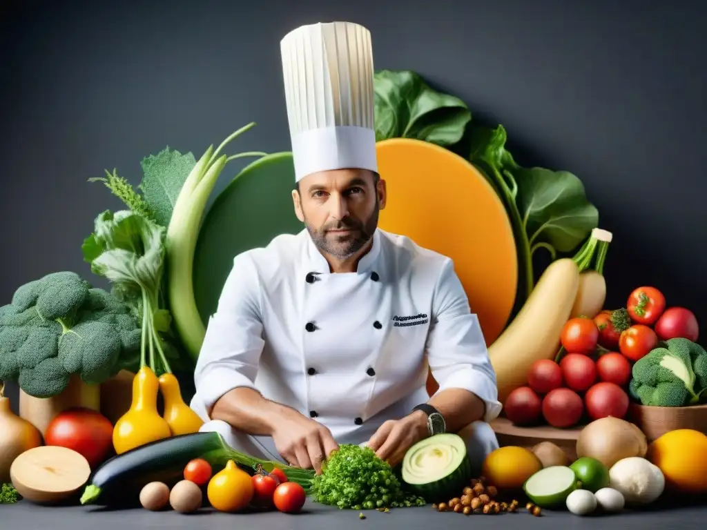 Un chef francés sin desperdicios preparando un plato intrincado con enfoque y sostenibilidad en una cocina bulliciosa