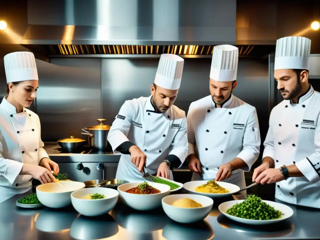 Un chef francés destacado en una cocina bulliciosa, mostrando innovaciones culinarias gastronomía francesa