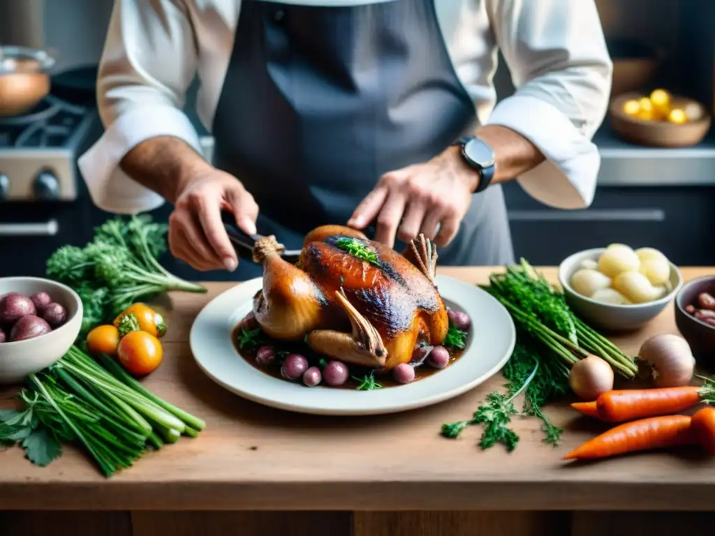 Un chef francés preparando con destreza el clásico coq au vin en una cocina tradicional, rodeado de ingredientes frescos