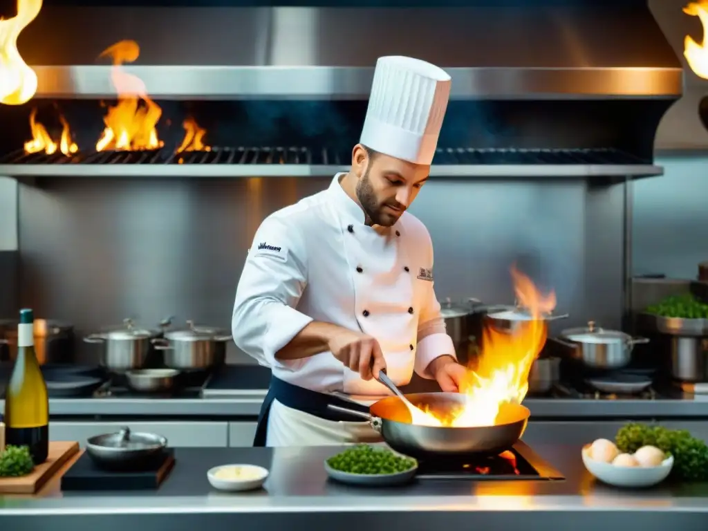 Un chef francés flambeando con destreza en una cocina profesional, rodeado de ingredientes frescos y vino francés gourmet