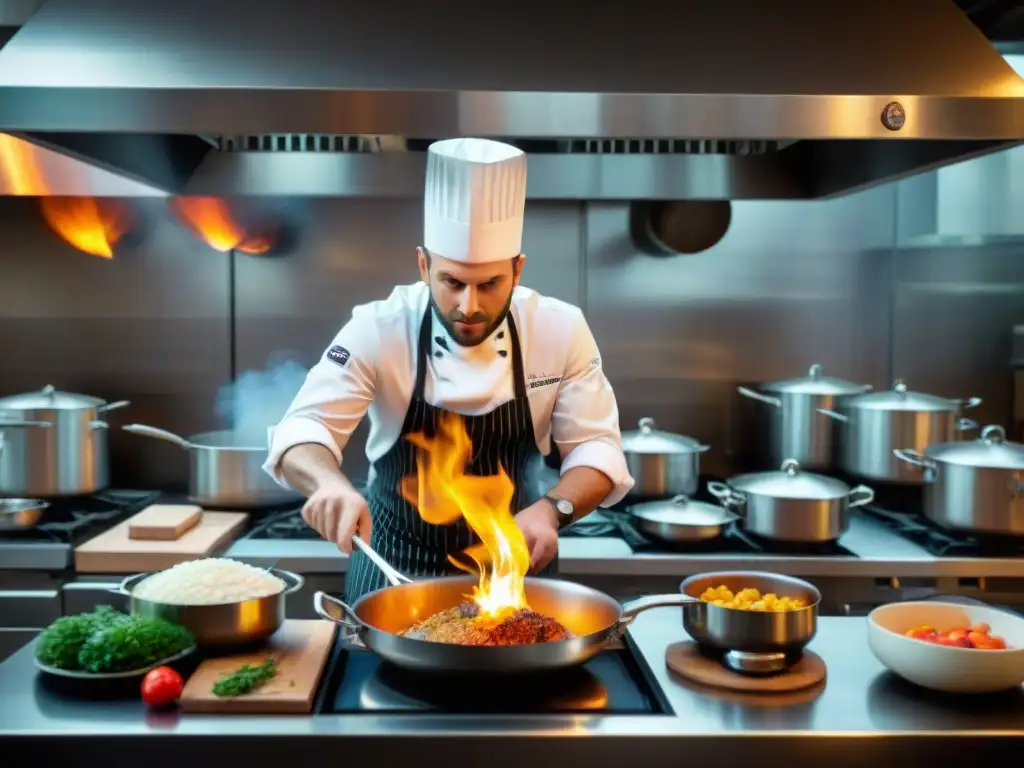 Un chef francés flambeando con destreza en una cocina bulliciosa, con una atmósfera de pasión y precisión