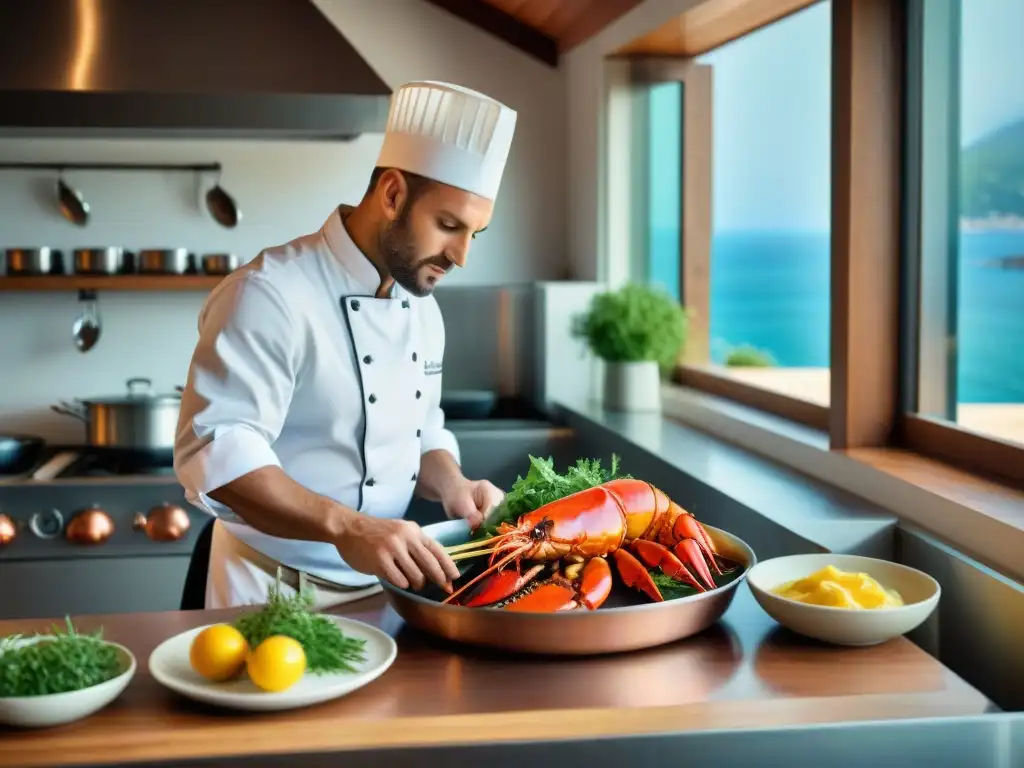 Un chef francés preparando con destreza una receta de langosta Armoricana en una cocina costera, reflejando elegancia y expertise culinario