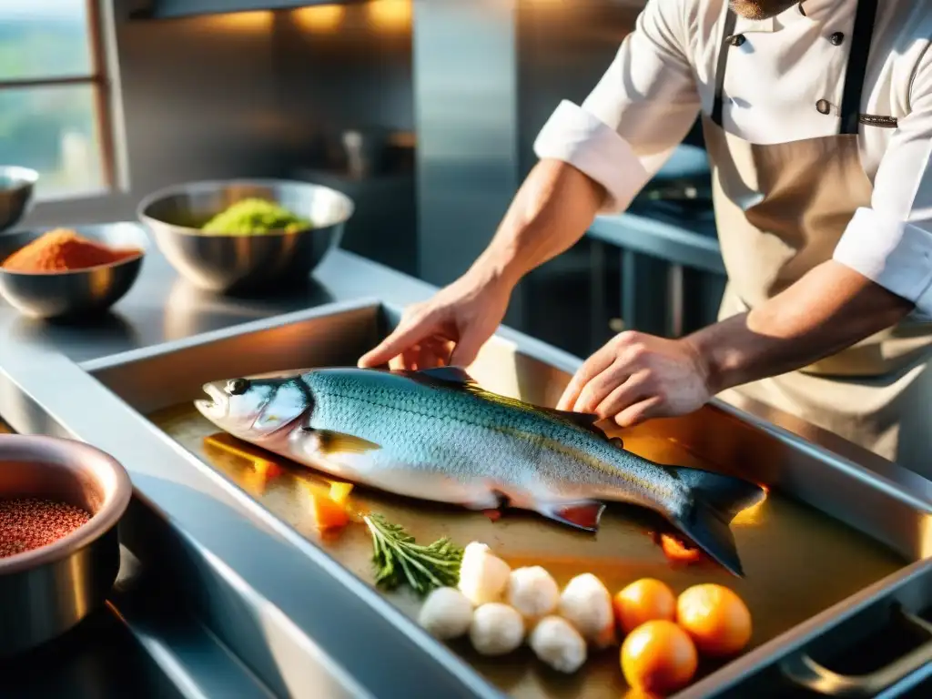 Un chef francés fileteando con destreza un róbalo fresco en una cocina rústica, llena de utensilios de acero inoxidable y especias coloridas