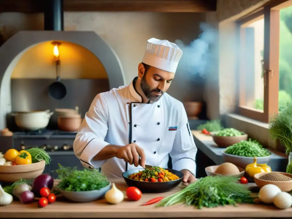 Un chef francés innovando con la dieta mediterránea en su cocina rústica