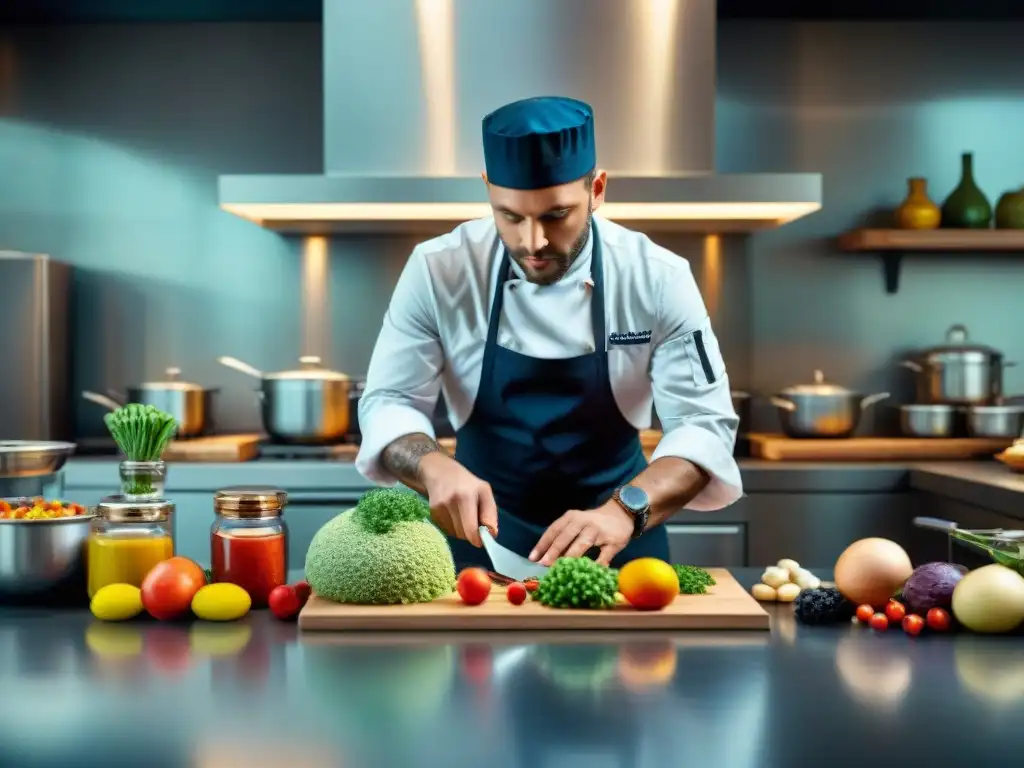 Un chef francés innovando con precisión y elegancia en una cocina moderna