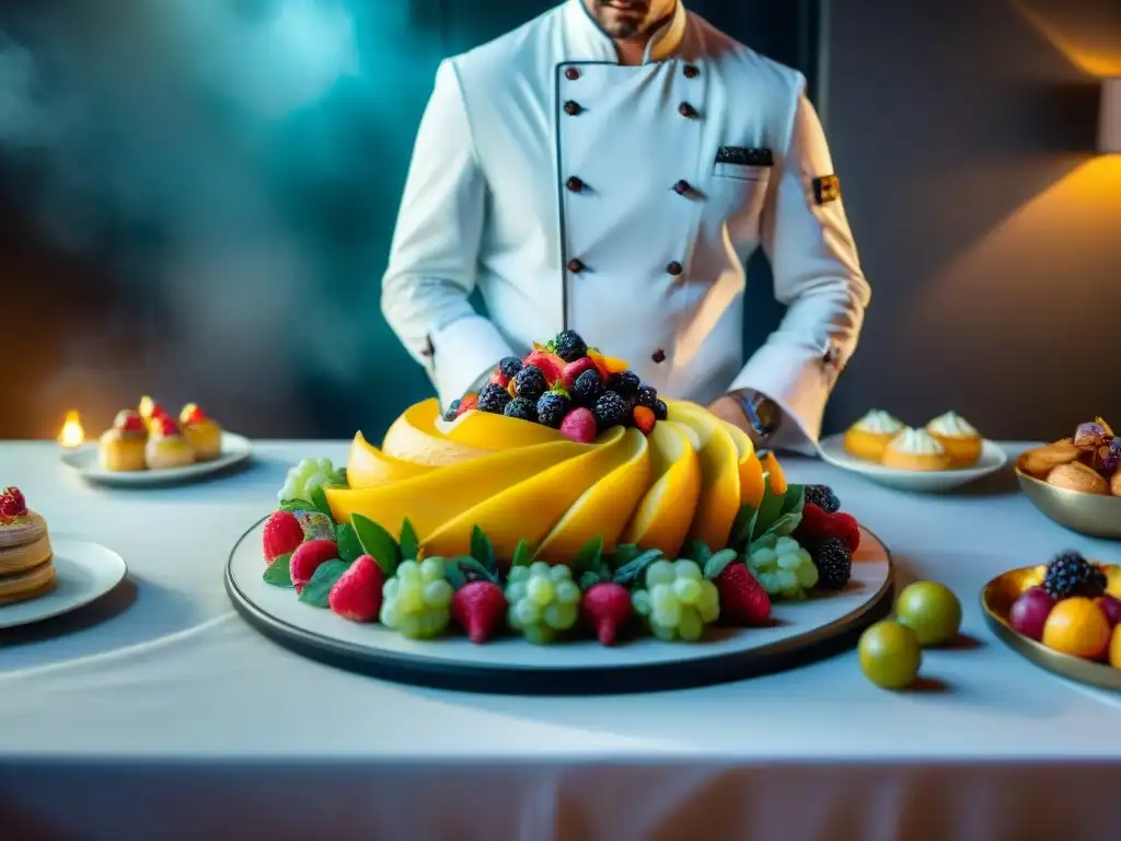 Un chef francés elegante creando un centro de mesa comestible en una mesa bellamente decorada con pasteles, frutas y flores