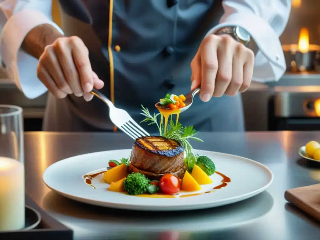 Un chef francés elegante presenta con detalle exquisito platos tradicionales franceses en una ambientación culinaria cautivadora