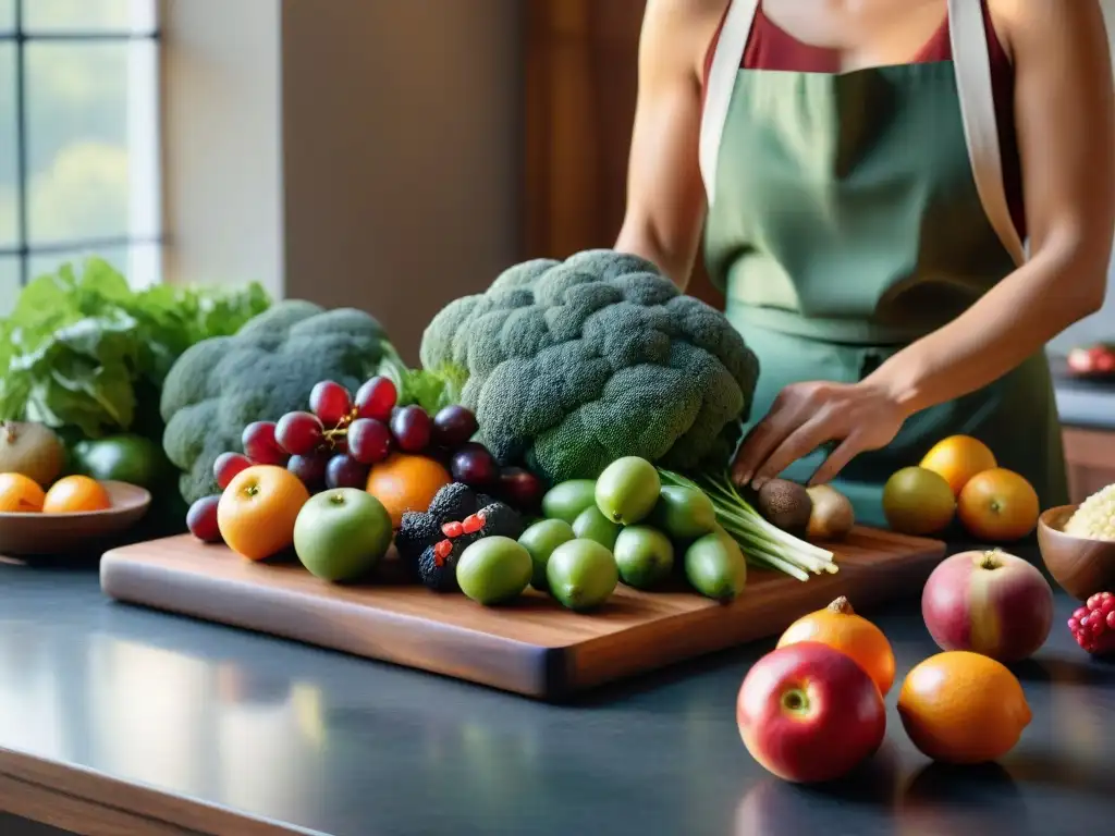 Un chef francés elegante decorando platos con frutas y vegetales de otoño