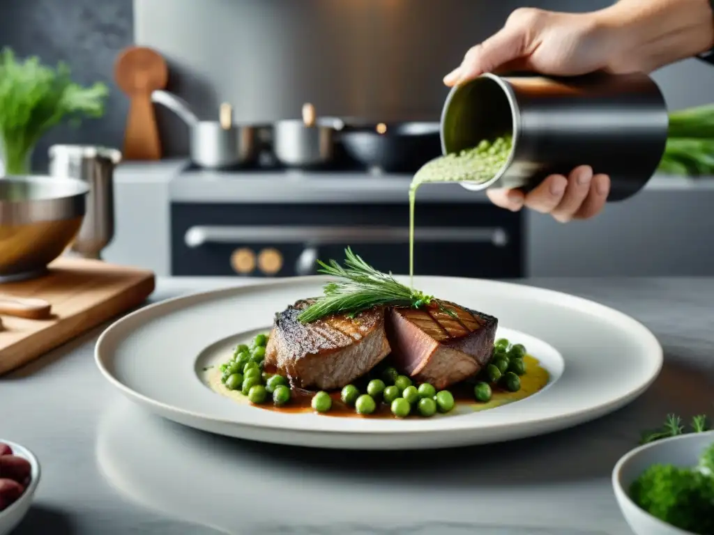 Un chef francés esparciendo eneldo sobre un coq au vin en una elegante cocina francesa