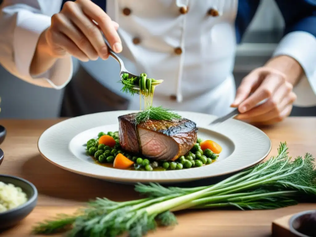 Un chef francés espolvoreando eneldo fresco sobre un plato de coq au vin, en una cocina organizada