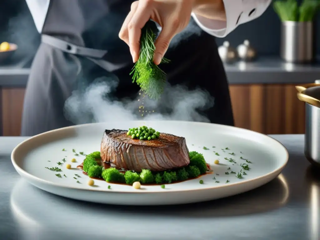 Un chef francés esparciendo eneldo fresco sobre un exquisito coq au vin en una cocina moderna