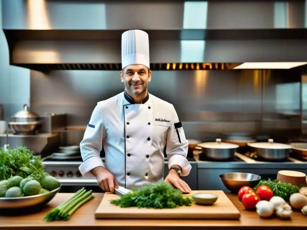 Un chef francés con su equipo multicultural en una cocina parisina, fusionando tradición y tecnología