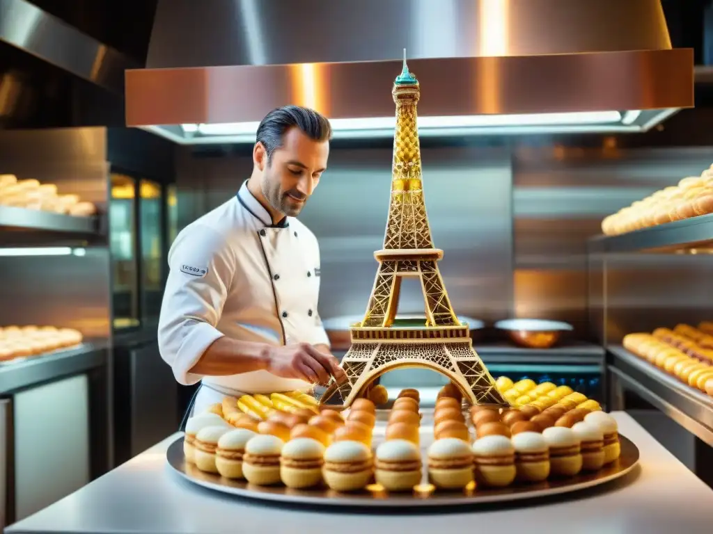 Un chef francés viste impecablemente, creando una escultura de azúcar deliciadamente intrincada en una pastelería parisina